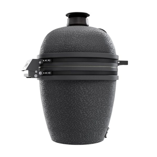 Black ceramic Kamado grill with a textured finish and a top vent, designed for versatile cooking methods like grilling, smoking, and baking.