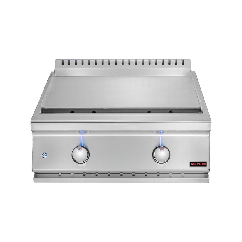 Stainless steel griddle with two control knobs and LED indicators, designed for outdoor cooking and grilling.