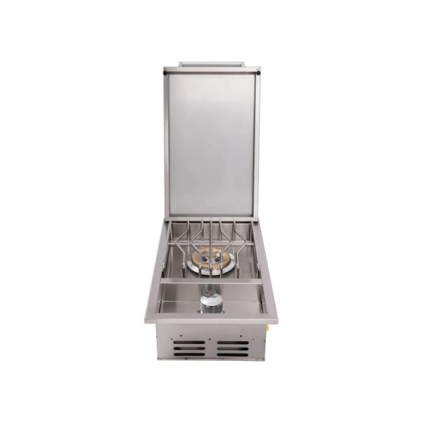 Stainless steel outdoor gas grill with a single burner and lid, designed for efficient cooking and durability.
