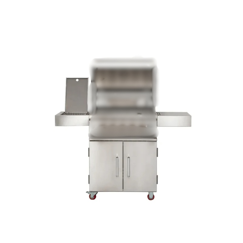 Stainless steel outdoor grill with side shelves and storage cabinets, designed for barbecue cooking.