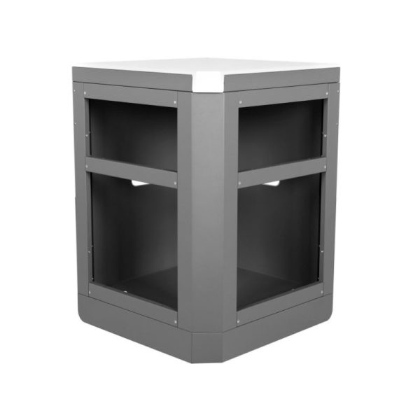 Modern gray corner table with two open shelves and a white top, ideal for storage and display in contemporary spaces.