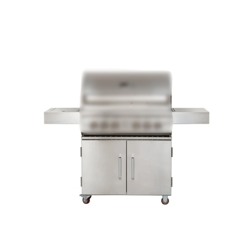 Stainless steel gas grill with side shelves and storage cabinets on wheels.
