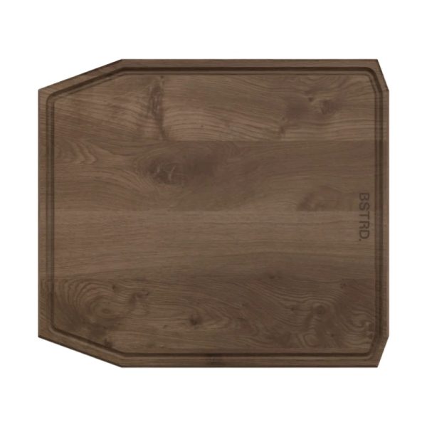 Wooden cutting board with a smooth surface and unique angular design, featuring the brand name "BSTRD" engraved on the side.