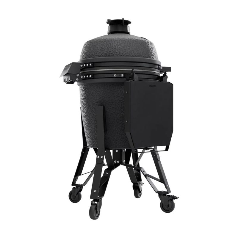 eb75dc41-ef41-4701-bb55-fd60a93ea806.jpg Black ceramic grill on a mobile cart with wheels, featuring a textured surface and an attached side shelf for convenience.