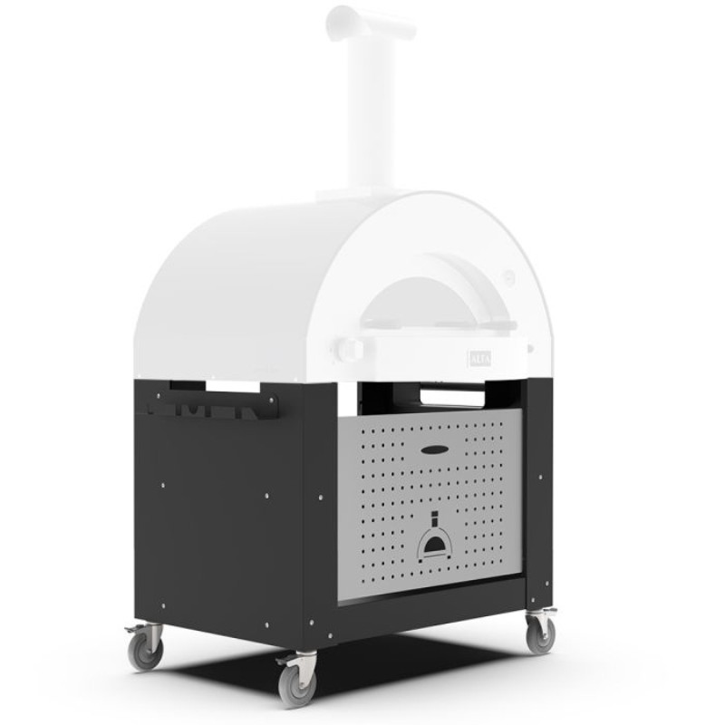 Outdoor pizza oven on a mobile cart with a sleek design, featuring a rounded top, a chimney, and a perforated storage area. Ideal for backyard cooking and entertaining.