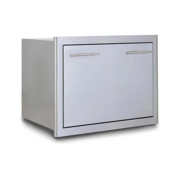 Silver outdoor kitchen drawer unit with sleek design and stainless steel handles.