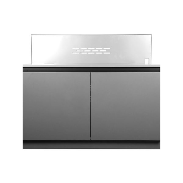 Modern grey cabinet with sleek design and a transparent back panel featuring ventilation slots.
