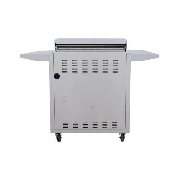 Stainless steel outdoor grill cart with side tables and wheels for easy mobility.