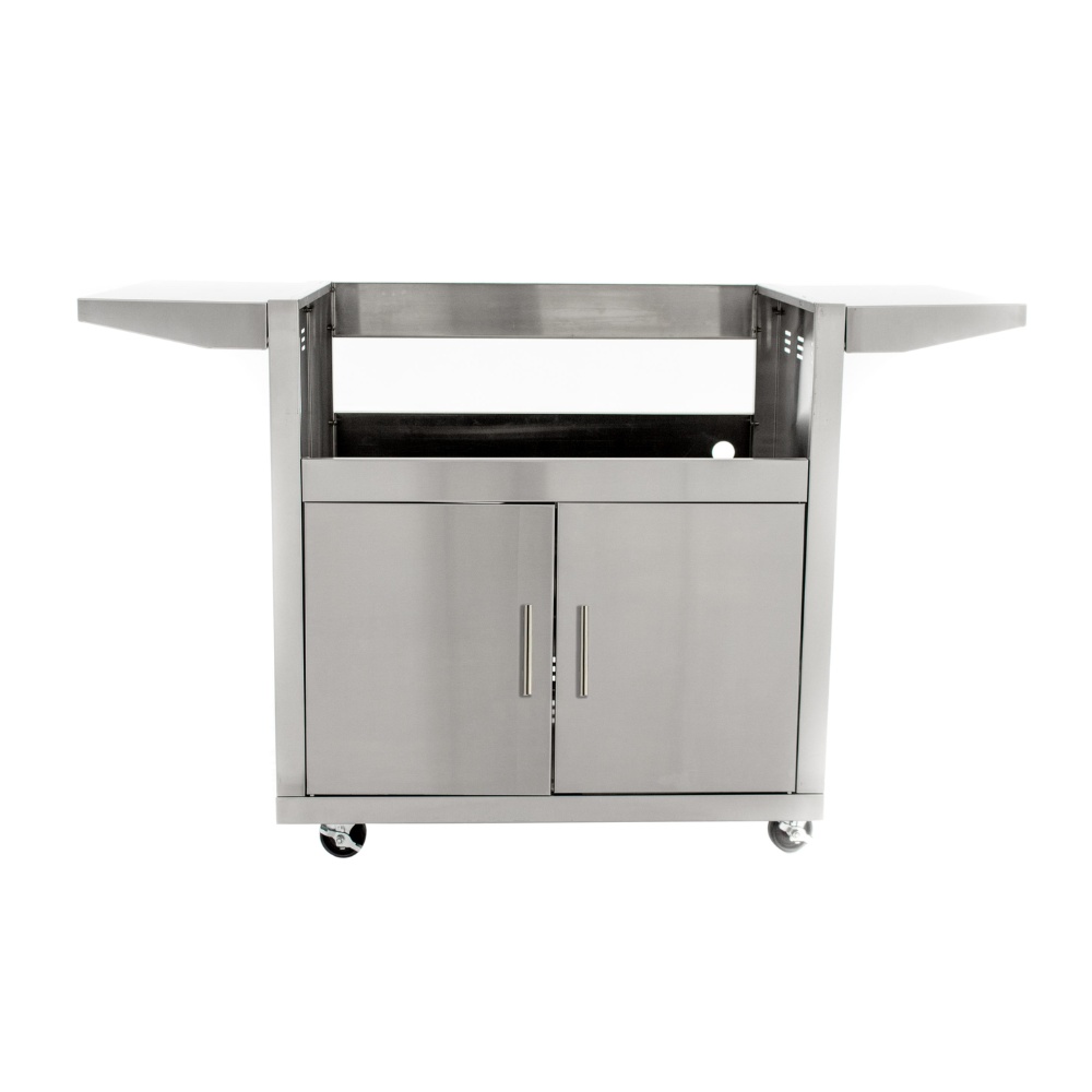 039e0caf-c23a-463e-b510-104a0c534845.jpg Stainless steel kitchen cart with two open shelves and two cabinet doors, featuring wheels for easy mobility.