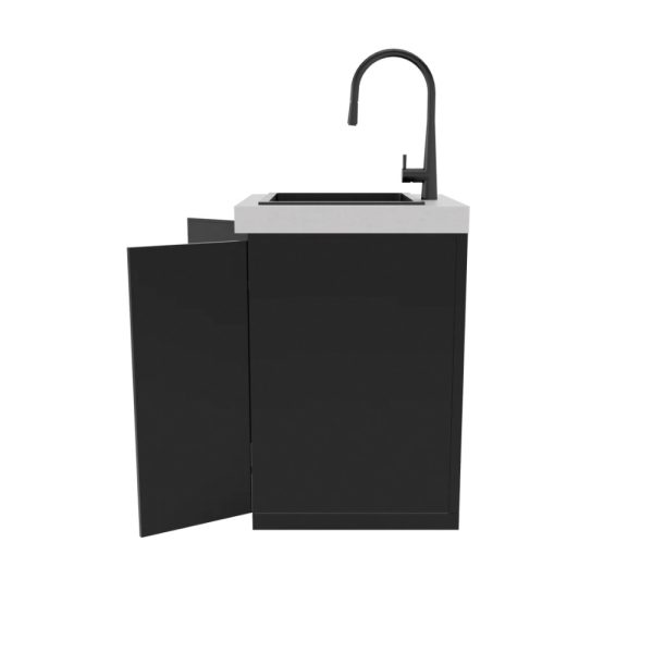 Modern black kitchen sink cabinet with a white countertop and a sleek faucet, featuring an open door for storage access.
