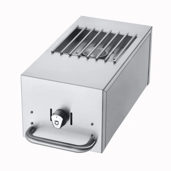 Stainless steel tabletop gas grill with a control knob and grates on top for cooking.