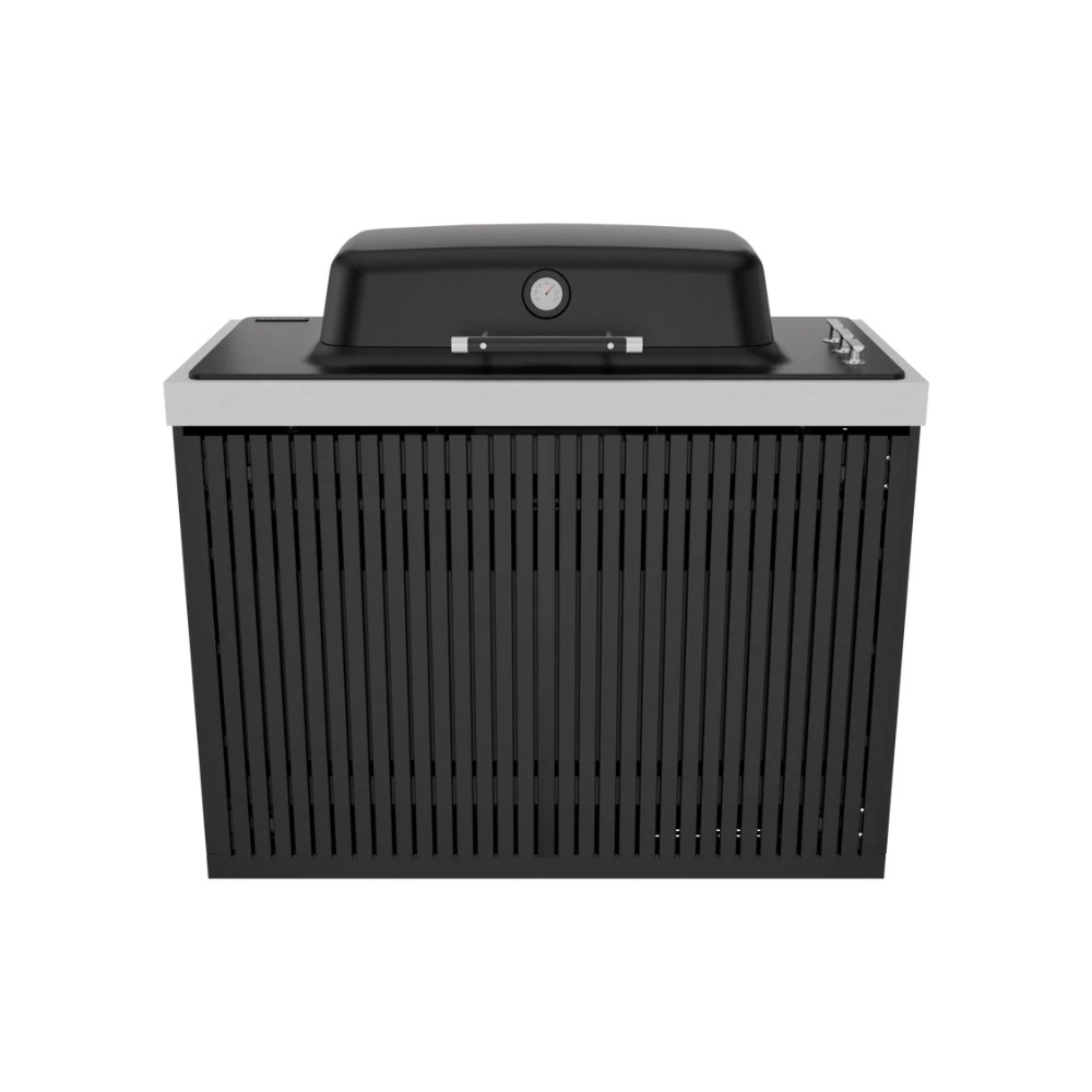 1ed2bcdc-4837-4a6b-823f-b6d36bc4ac7b.jpg Black outdoor grill with a sleek design, featuring a temperature gauge and control knobs on the side.