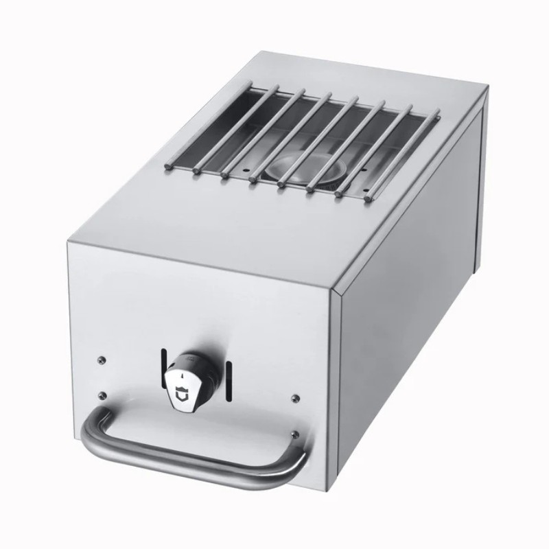 Stainless steel outdoor gas grill with a control knob and a slotted lid for ventilation. Ideal for barbecuing and grilling.