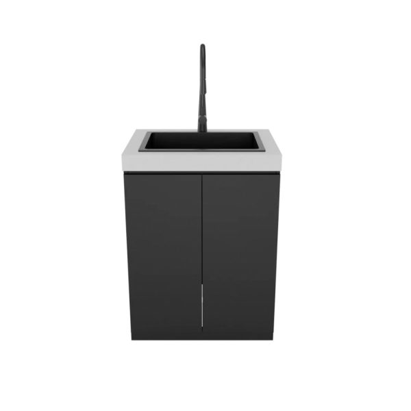 Modern black kitchen sink cabinet with a white countertop and a sleek faucet. Ideal for contemporary home designs.