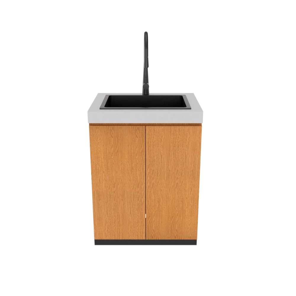 34da05f8-2d51-4c26-b0d9-6854a014c430.jpg Modern kitchen sink cabinet with a sleek black sink, wooden cabinetry, and a minimalist design. Ideal for contemporary kitchen aesthetics.