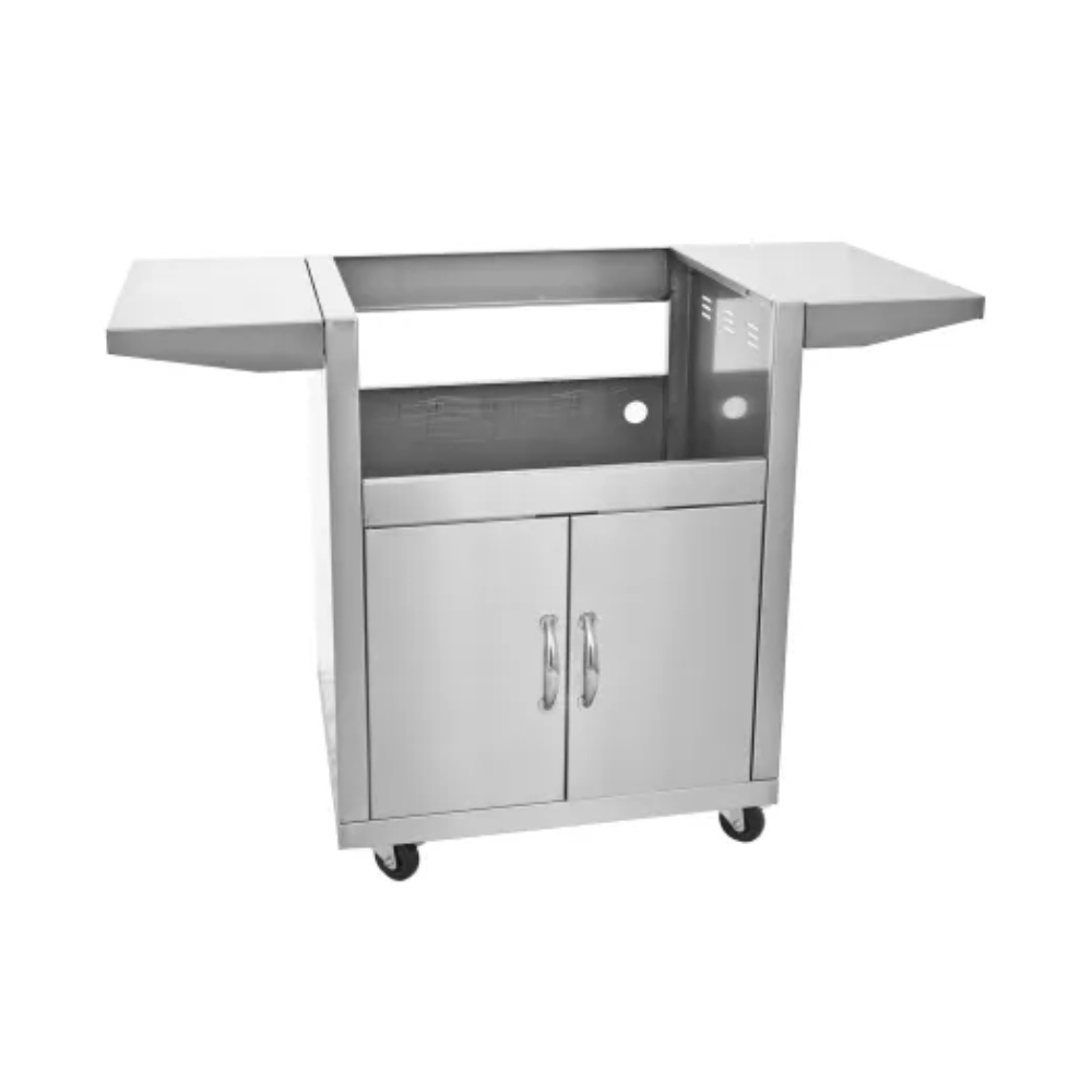49247b8c-123e-48a0-be63-5a8920db2ec8.jpg Stainless steel outdoor cart with two side shelves, storage cabinet, and wheels for easy mobility.