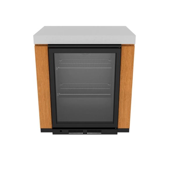 Modern beverage cooler with glass door and wooden frame, featuring two adjustable shelves for optimal storage.