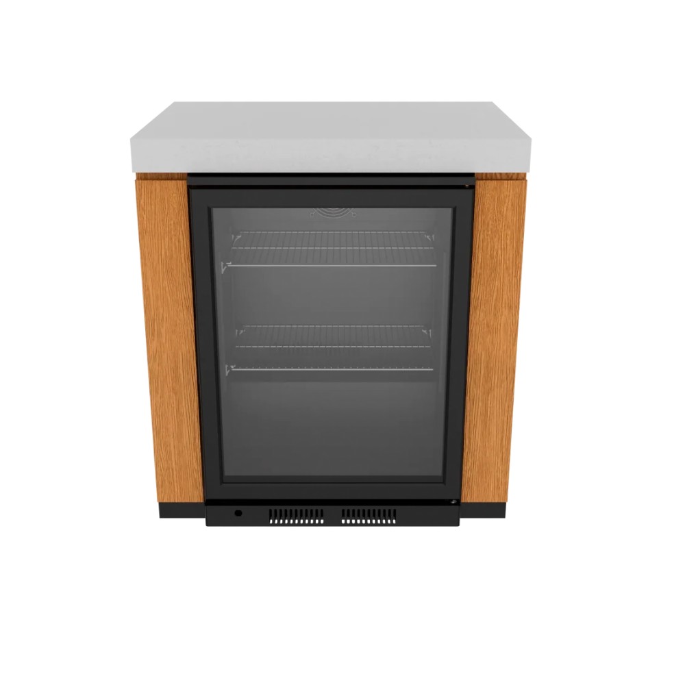 49aa861f-a508-401b-87fd-834f091fa741.jpg Modern beverage cooler with glass door and wooden frame, featuring two adjustable shelves for optimal storage.