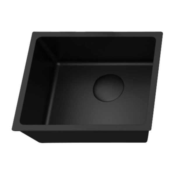 Black kitchen sink with a square design and a centered drain hole.
