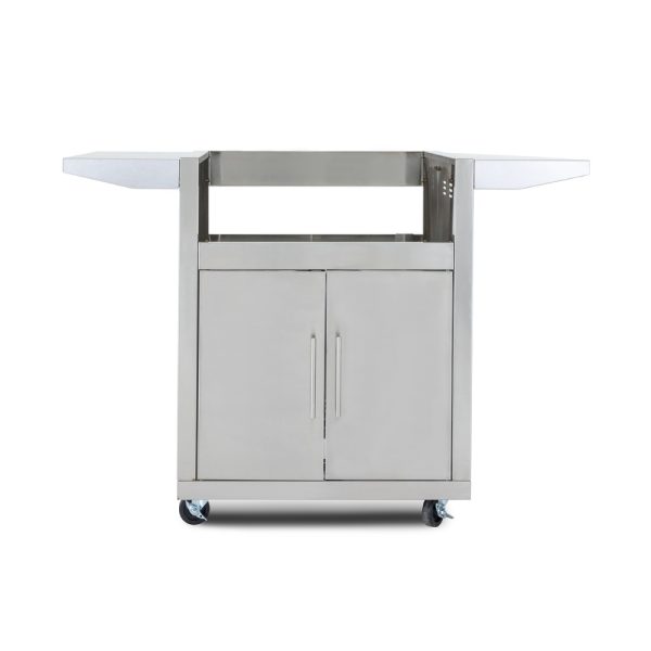 Stainless steel kitchen cart with two shelves and storage cabinets, designed for mobility with wheels.