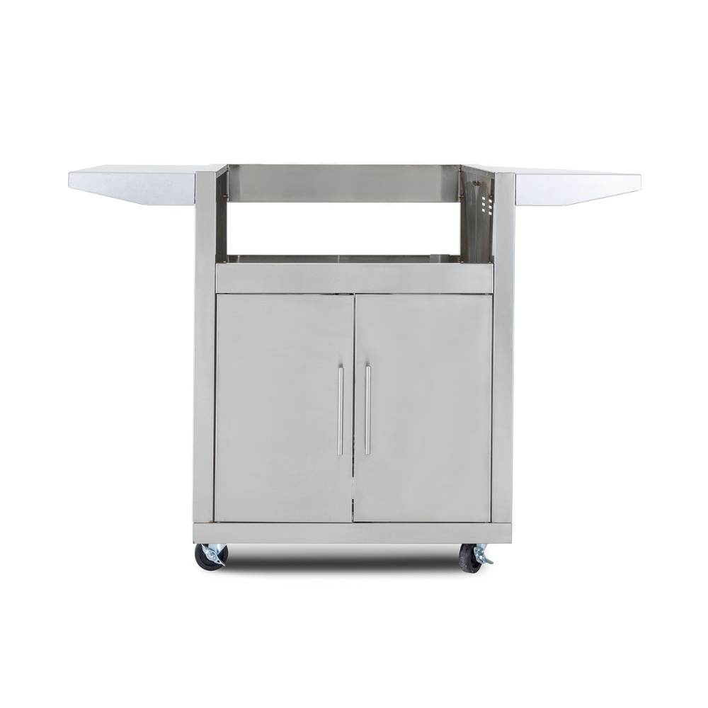 4fd0bede-430a-4cd8-a0c5-36e6eef9507a.jpg Stainless steel kitchen cart with two shelves and storage cabinets, designed for mobility with wheels.
