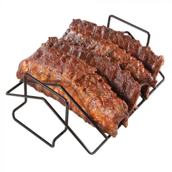 Rack of juicy, grilled ribs with a rich barbecue glaze, presented on a metal rib rack for serving.