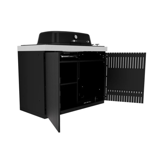 Black outdoor grill cabinet with a top cooking surface and open side doors, showcasing storage space inside.