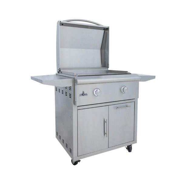 Stainless steel gas grill with a raised lid, two control knobs, side shelves, and a storage cabinet on wheels. Ideal for outdoor cooking and barbecues.