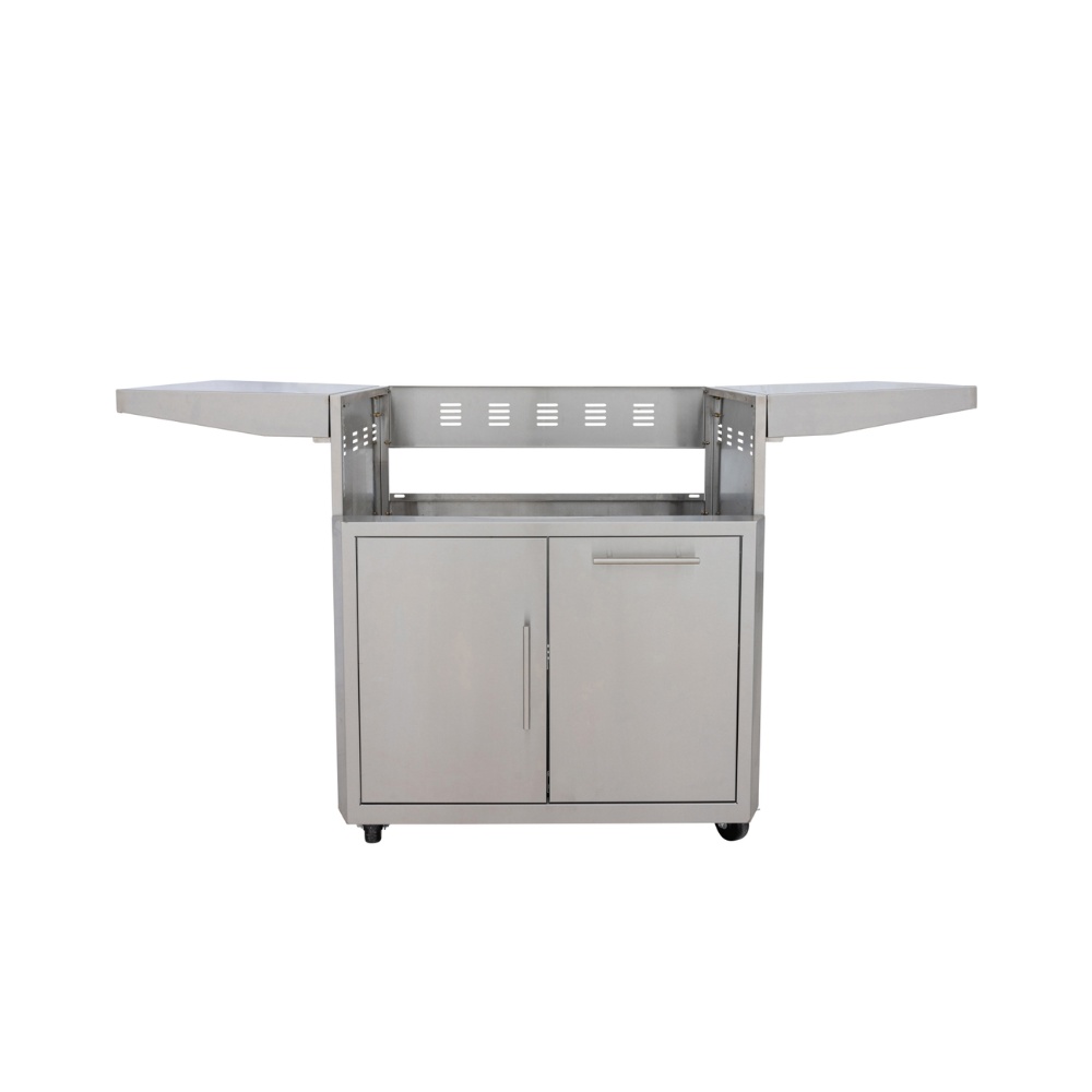 7bf26c05-6e53-45a8-b5b4-7bd41ae07d3f.jpg Stainless steel outdoor kitchen cart with foldable side shelves and storage cabinets. Ideal for grilling and food preparation.
