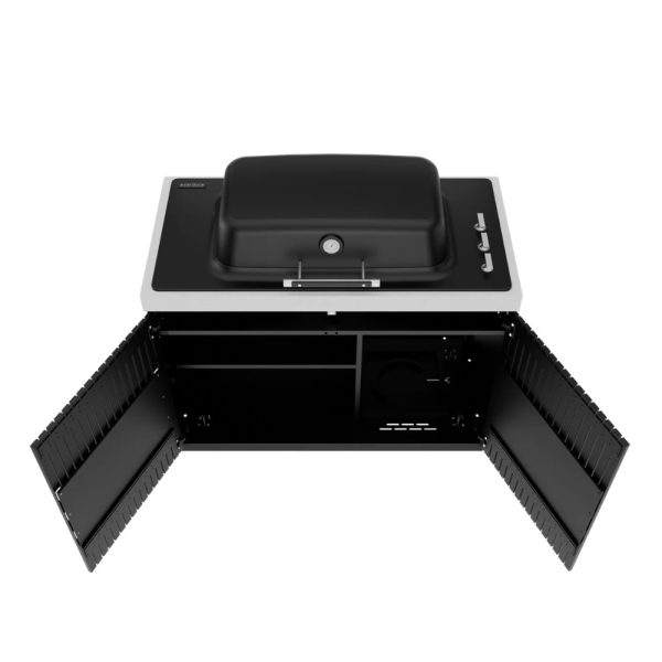 Built-in outdoor grill with a black lid and stainless steel accents, featuring storage compartments on both sides for grilling accessories and equipment.