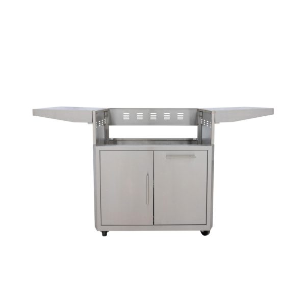 Stainless steel kitchen cart with foldable side shelves and cabinet storage, ideal for outdoor cooking and meal preparation.