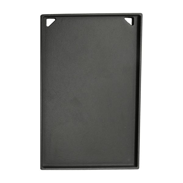 Black rectangular baking tray with rounded corners and raised edges, ideal for cooking and baking various dishes.