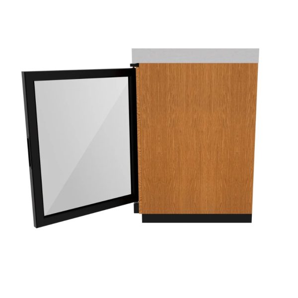 Modern wooden cabinet with a black frame and an open door, featuring a sleek gray countertop.