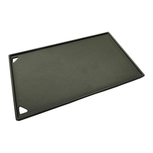 Cast iron griddle with a smooth surface, ideal for cooking and grilling a variety of foods. Features convenient triangular handles for easy lifting and handling.
