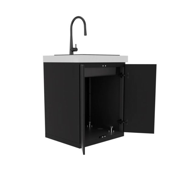Modern black kitchen cabinet with a white countertop and an open door, showcasing ample storage space. Features a sleek faucet design.