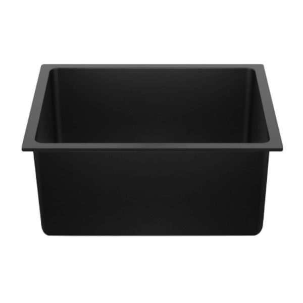 Black rectangular container with a smooth interior, ideal for storage and organization in kitchens or commercial settings.