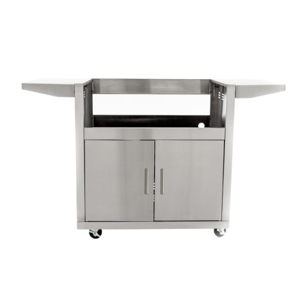 Stainless steel kitchen cart with two shelves and double doors, featuring wheels for mobility.