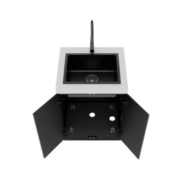 Modern kitchen sink with a sleek black basin and a white countertop, featuring an adjustable faucet and open cabinet space below for storage.