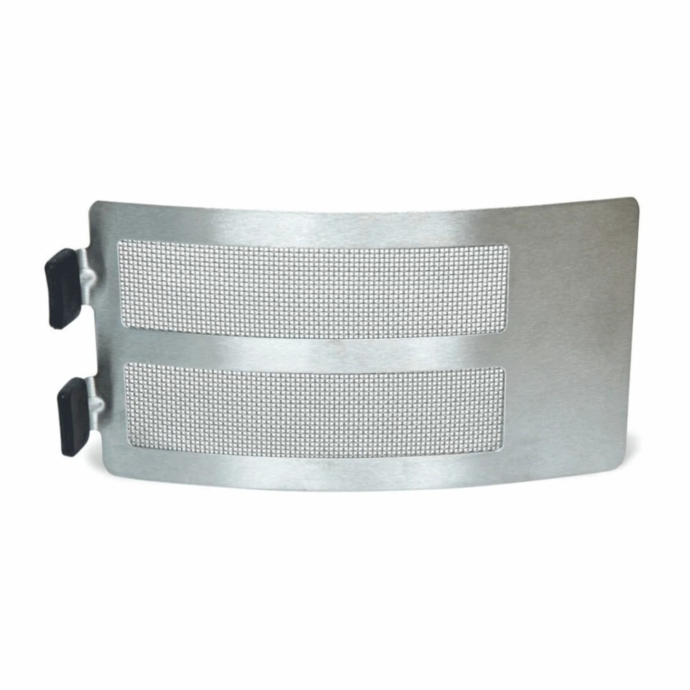 00d8f3de-e17c-48dc-b842-7b7a71f624e4.jpg Stainless steel kitchen splatter guard with mesh panels and two black clips for secure attachment.