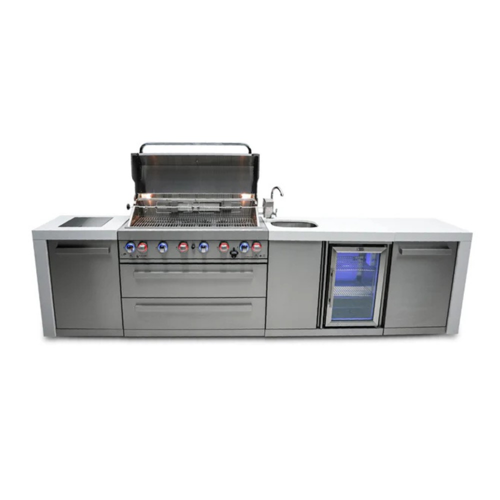00e0be2b-9753-42ea-ba88-e7fde9d868f0.jpg Stainless steel outdoor kitchen setup featuring a built-in gas grill, sink, and refrigerator, designed for efficient outdoor cooking and entertaining.