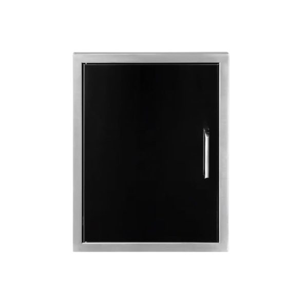 Black stainless steel cabinet door with a sleek handle, designed for modern kitchens or outdoor spaces.