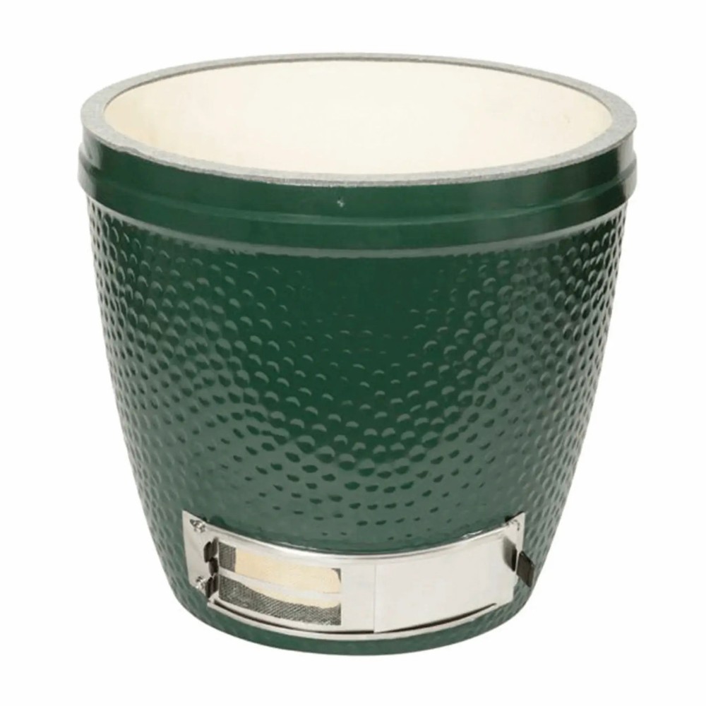 07294134-17af-4be2-aabf-c1ba7c69da07.jpg Green ceramic planter with a textured exterior and a metallic drainage bottom. Ideal for indoor or outdoor gardening.