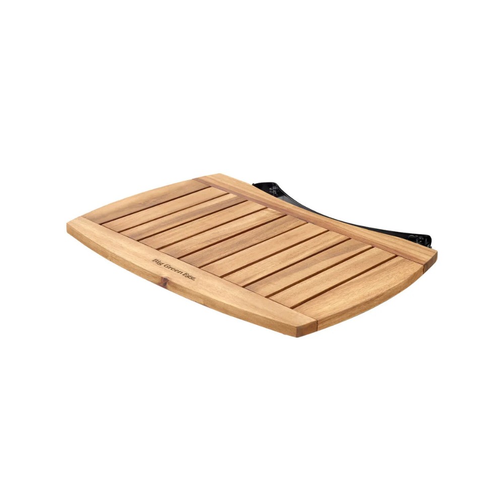 Wooden cutting board with slatted design and curved edges, ideal for kitchen use.