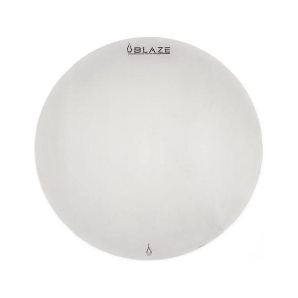Stainless steel pizza stone from Blaze, designed for outdoor grilling, featuring a smooth surface and branded logo.