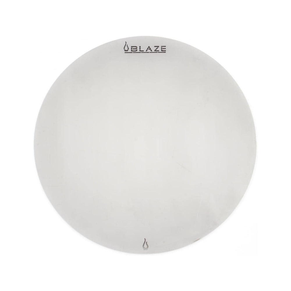 0a293470-1eb9-450b-b345-b5dbea72929a.jpg Stainless steel pizza stone from Blaze, designed for outdoor grilling, featuring a smooth surface and branded logo.
