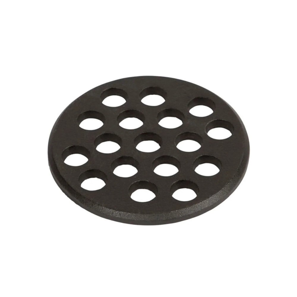 Cast iron drainage cover with multiple circular holes for water flow. Ideal for outdoor use in gardens or driveways.