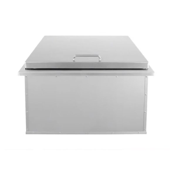 Stainless steel storage chest with a flat lid and handle, ideal for outdoor use and organization.