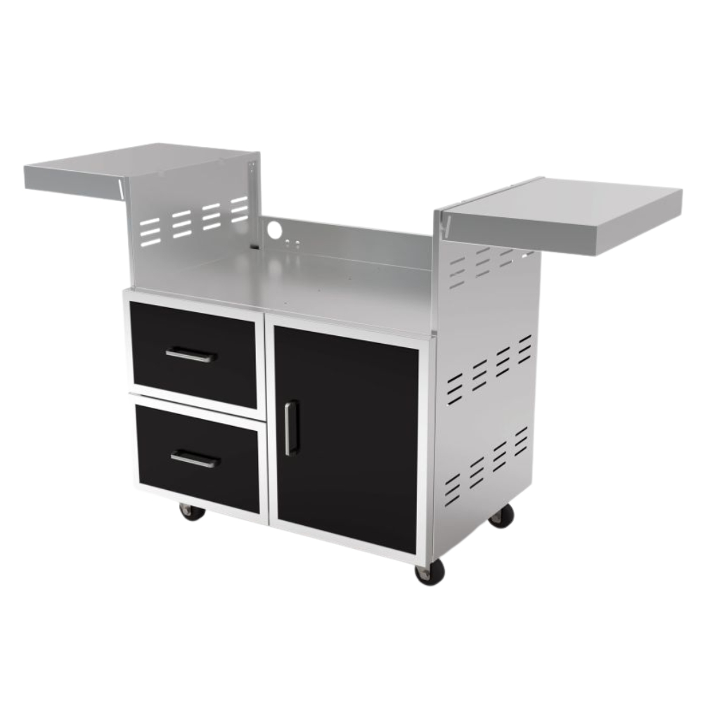 0df13cf8-6edc-4cd8-9e3d-b2717d42cff4.jpg Metal utility cart with two foldable side tables, two drawers, and a cabinet, featuring a sleek silver and black design on wheels for easy mobility.