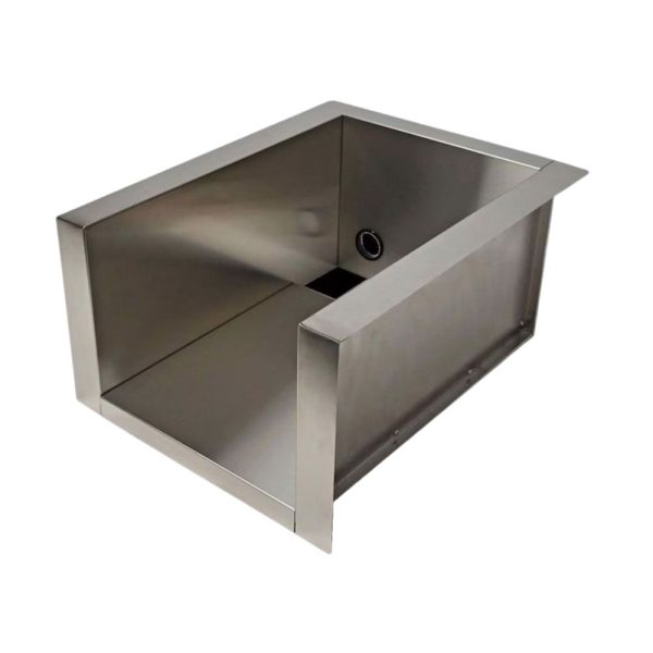 Stainless steel farmhouse sink with a modern design, featuring a square shape and a side drain hole. Ideal for kitchen renovation and durable use.