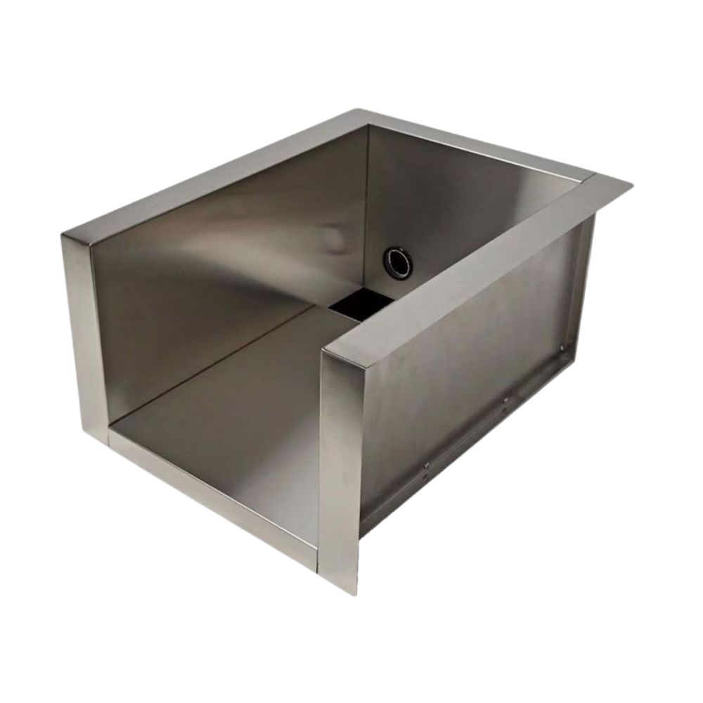 0fd948be-ce94-4545-8ee6-3c98695379d0.jpg Stainless steel farmhouse sink with a modern design, featuring a square shape and a side drain hole. Ideal for kitchen renovation and durable use.